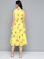 Jompers Women's Floral Print Georgette A-Line Midi Dress - Yellow | Grocsy