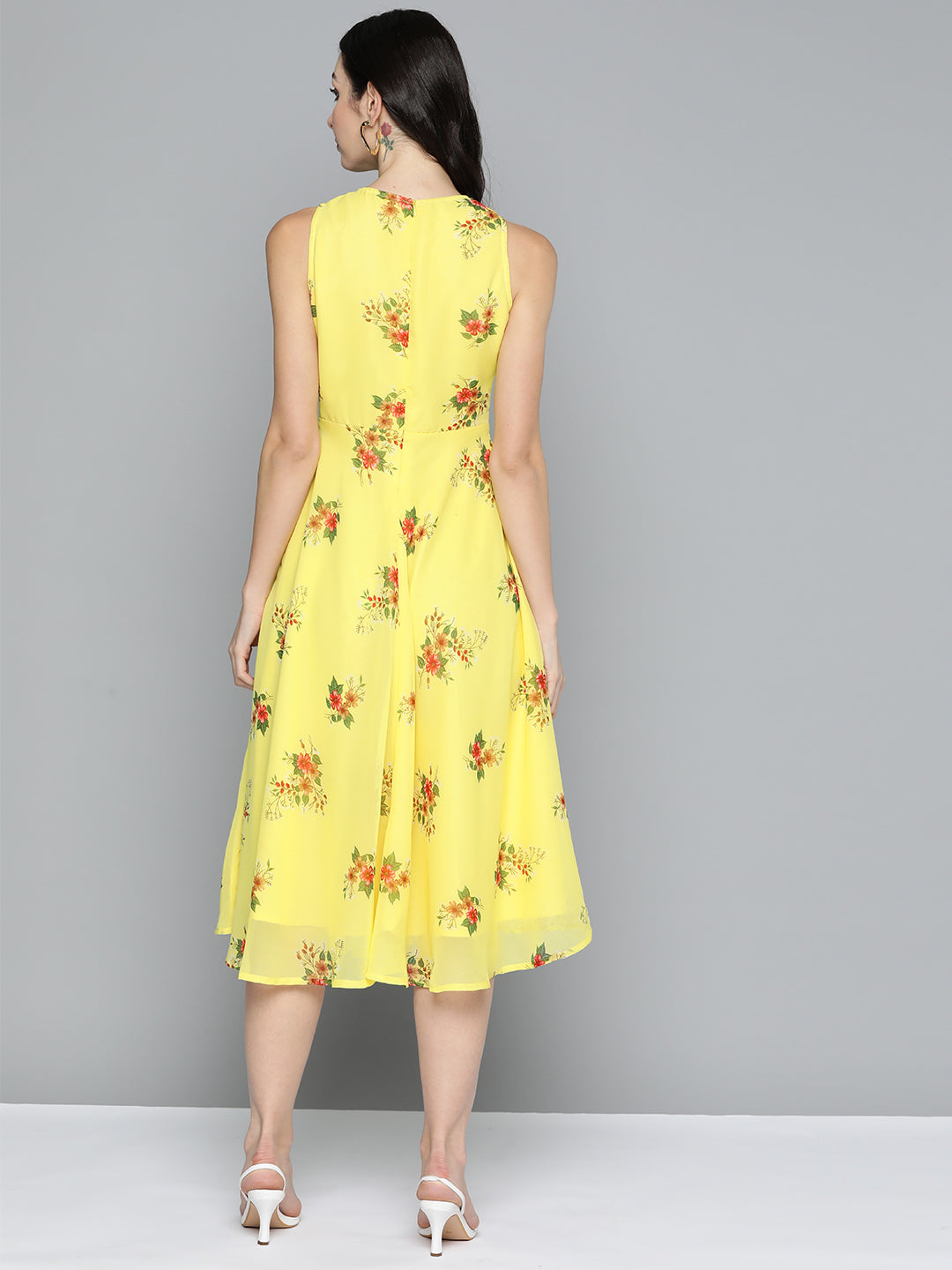 Jompers Women's Floral Print Georgette A-Line Midi Dress - Yellow | Grocsy
