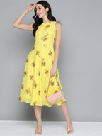 Jompers Women's Floral Print Georgette A-Line Midi Dress - Yellow | Grocsy