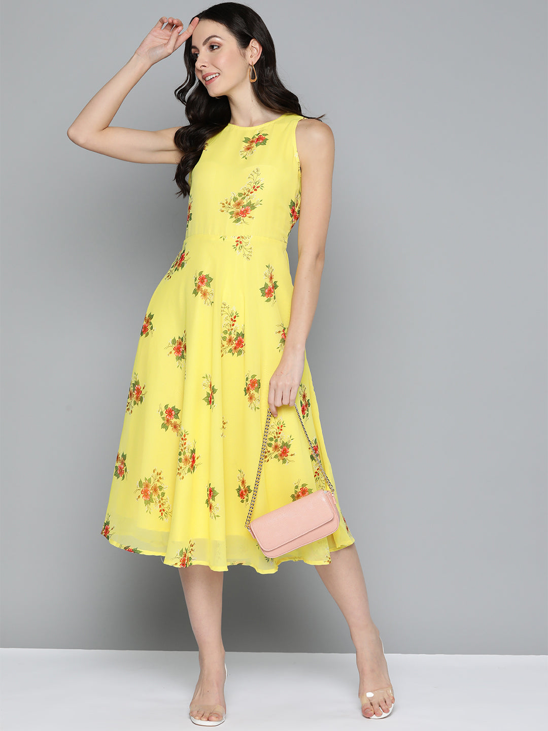 Jompers Women's Floral Print Georgette A-Line Midi Dress - Yellow | Grocsy