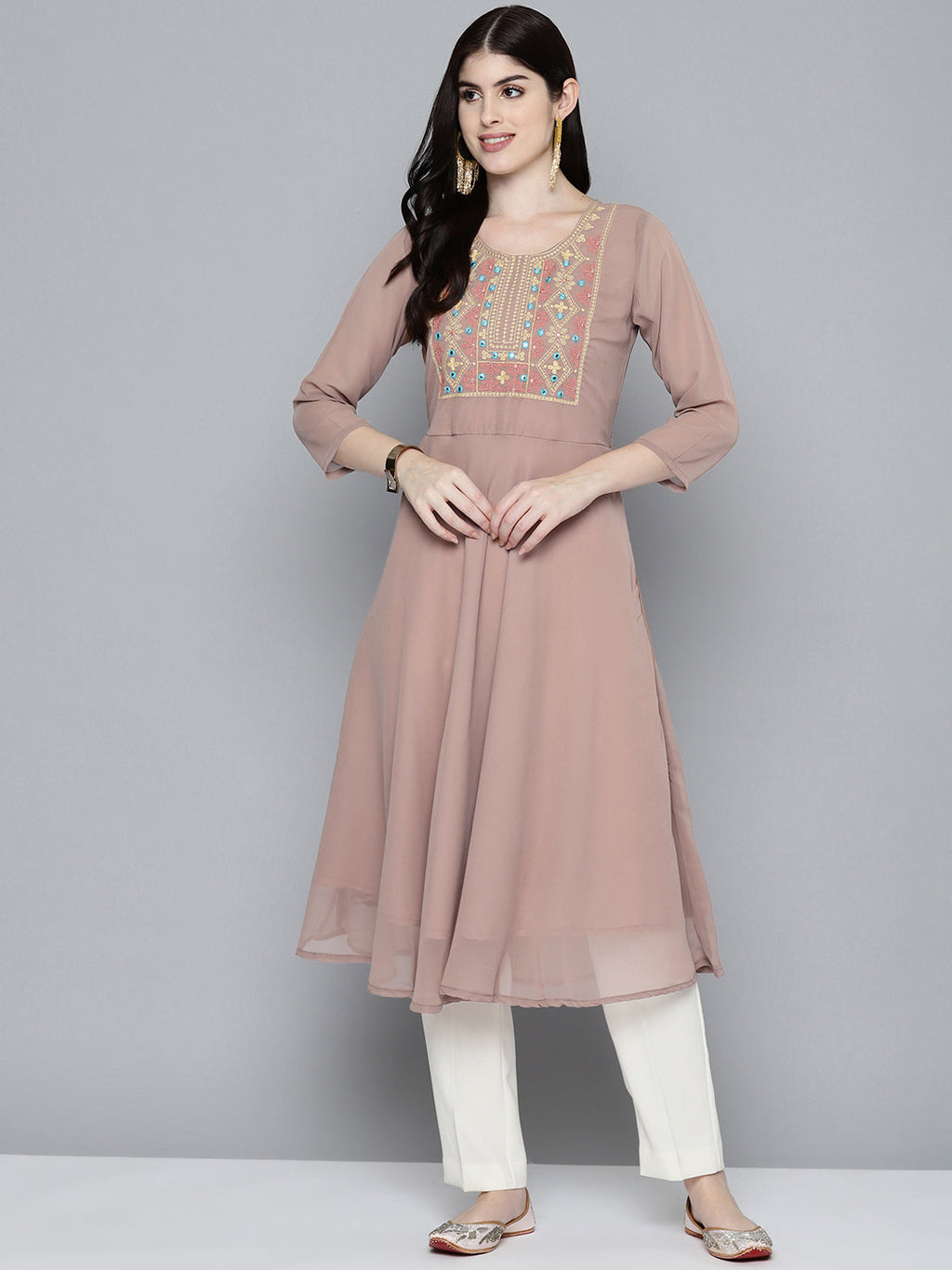 Jompers Women's Embroidered yok flared georgette kurta - Brown | Grocsy