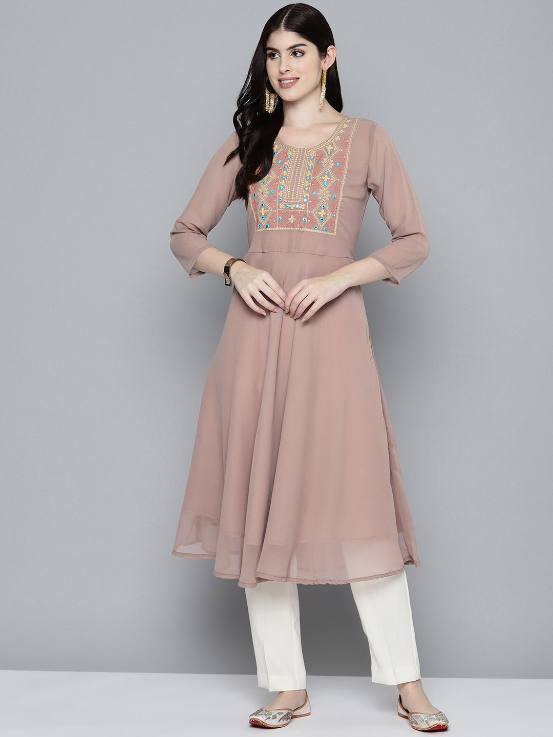 Jompers Women's Embroidered yok flared georgette kurta - Brown | Grocsy