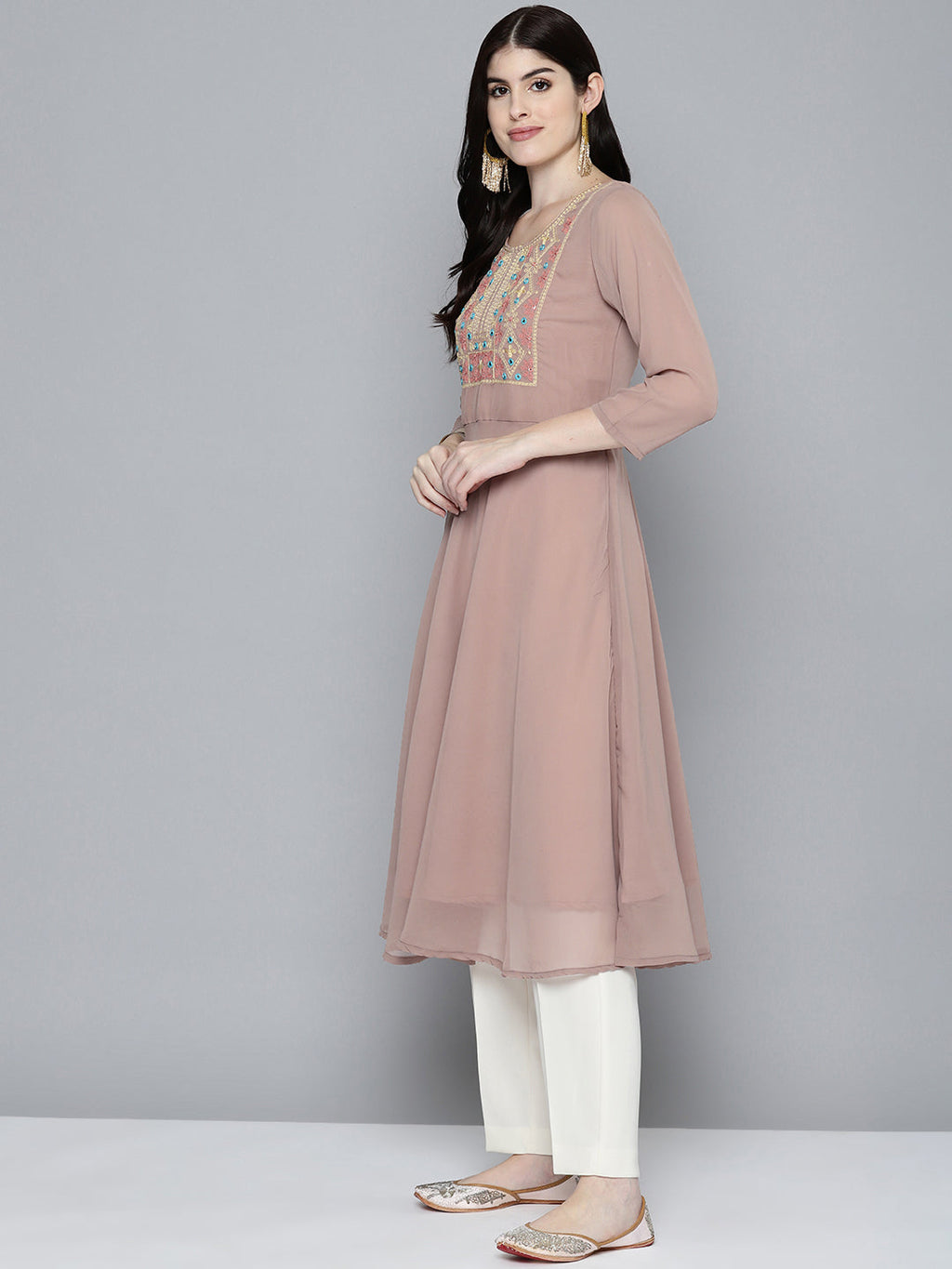 Jompers Women's Embroidered yok flared georgette kurta - Brown | Grocsy