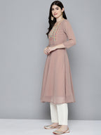 Jompers Women's Embroidered yok flared georgette kurta - Brown | Grocsy