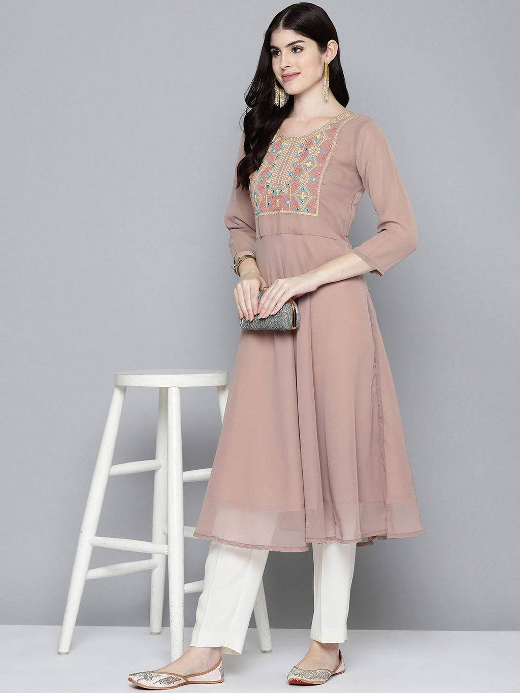 Jompers Women's Embroidered yok flared georgette kurta - Brown | Grocsy