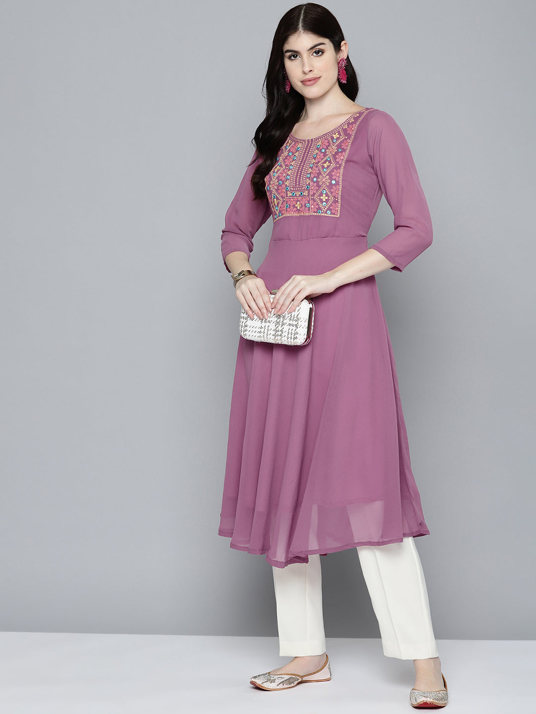 Jompers Women's Embroidered yok flared georgette kurta - Pink | Grocsy