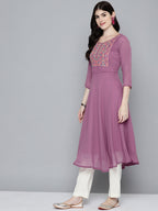 Jompers Women's Embroidered yok flared georgette kurta - Pink | Grocsy