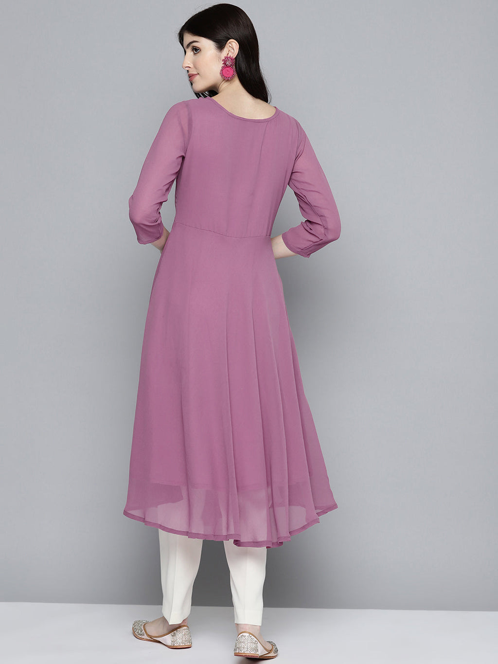 Jompers Women's Embroidered yok flared georgette kurta - Pink | Grocsy