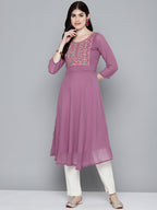 Jompers Women's Embroidered yok flared georgette kurta - Pink | Grocsy