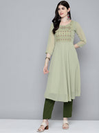 Jompers Women's Embroidered yok flared georgette kurta - Green | Grocsy