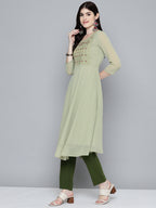 Jompers Women's Embroidered yok flared georgette kurta - Green | Grocsy