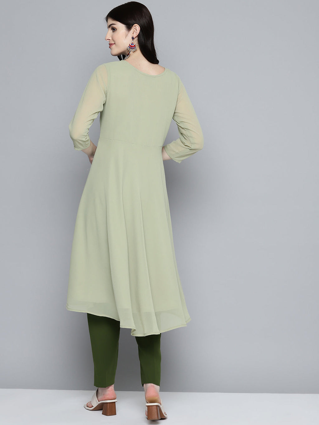 Jompers Women's Embroidered yok flared georgette kurta - Green | Grocsy