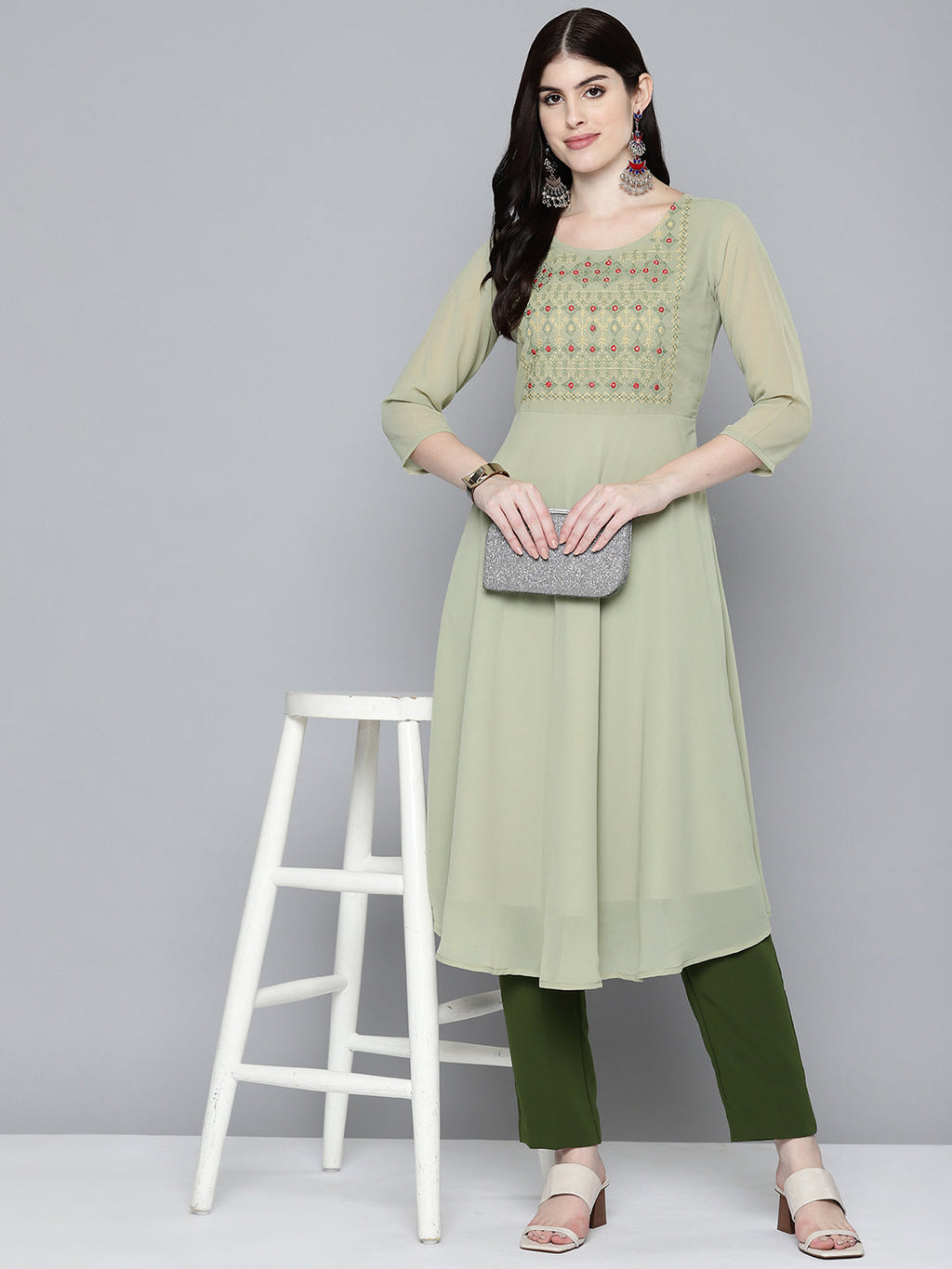 Jompers Women's Embroidered yok flared georgette kurta - Green | Grocsy