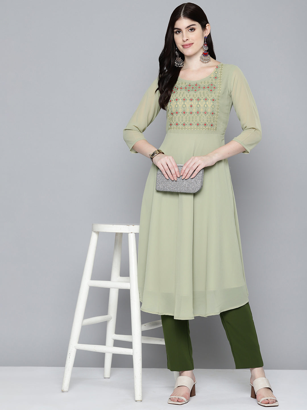 Jompers Women's Embroidered yok flared georgette kurta - Green | Grocsy