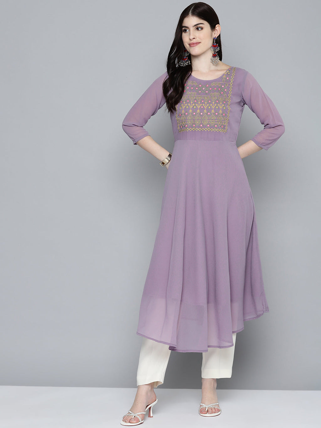 Jompers Women's Embroidered yok flared georgette kurta - Purple | Grocsy