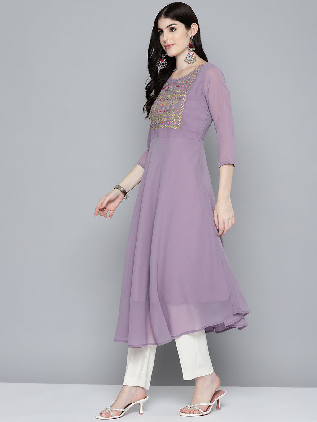 Jompers Women's Embroidered yok flared georgette kurta - Purple | Grocsy
