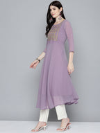 Jompers Women's Embroidered yok flared georgette kurta - Purple | Grocsy