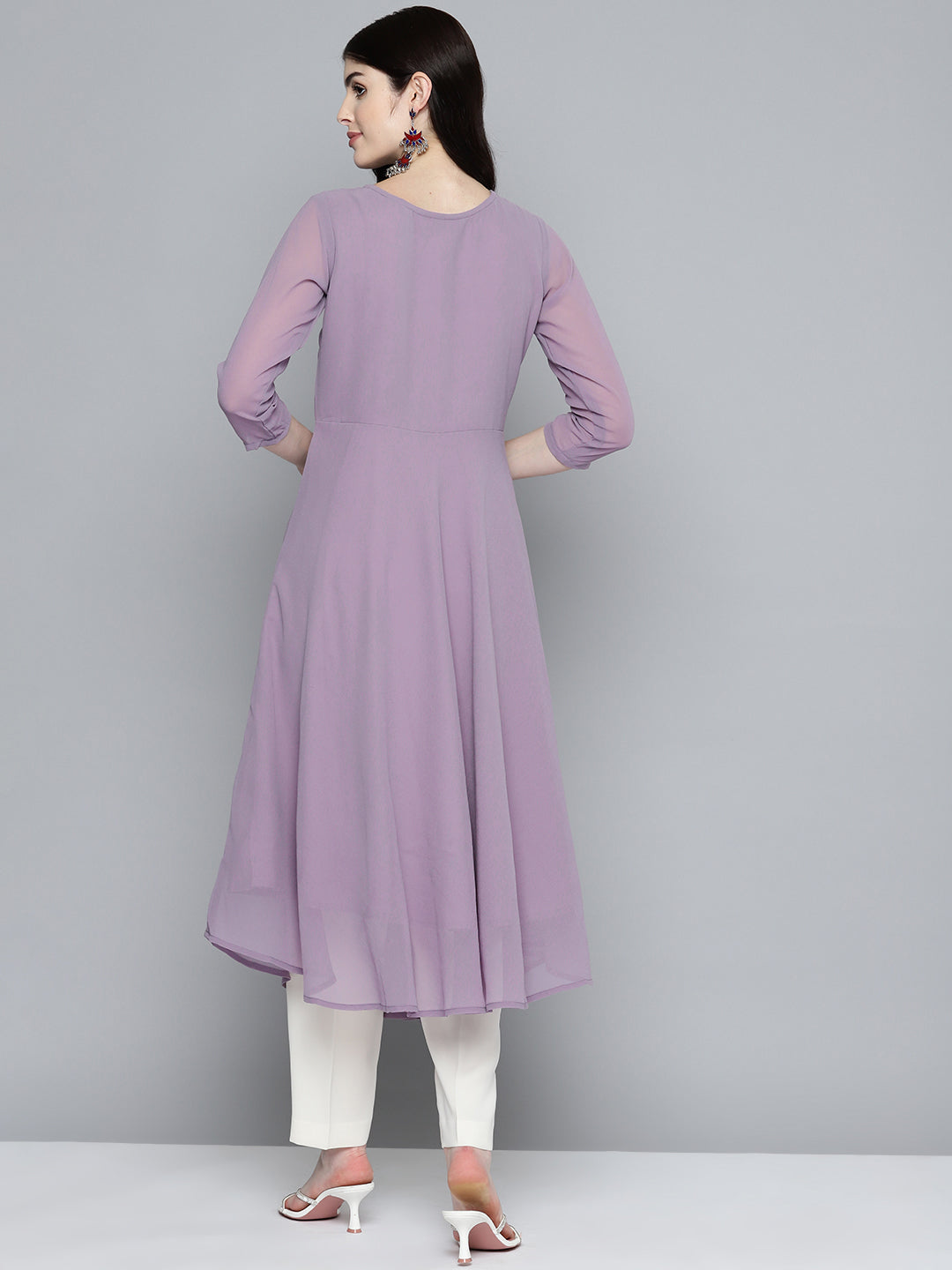 Jompers Women's Embroidered yok flared georgette kurta - Purple | Grocsy