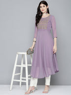 Jompers Women's Embroidered yok flared georgette kurta - Purple | Grocsy
