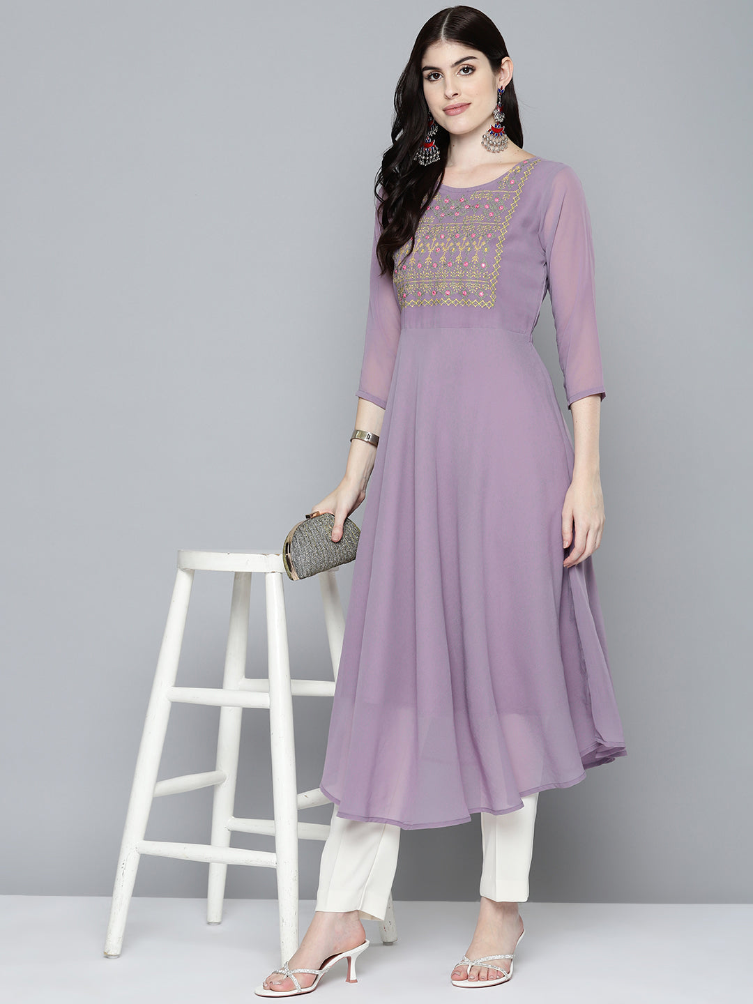 Jompers Women's Embroidered yok flared georgette kurta - Purple | Grocsy