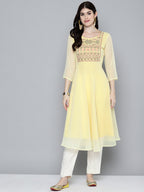 Jompers Women's Embroidered yok flared georgette kurta - Yellow | Grocsy