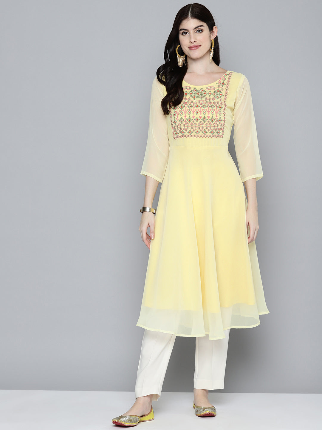 Jompers Women's Embroidered yok flared georgette kurta - Yellow | Grocsy