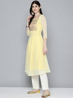Jompers Women's Embroidered yok flared georgette kurta - Yellow | Grocsy