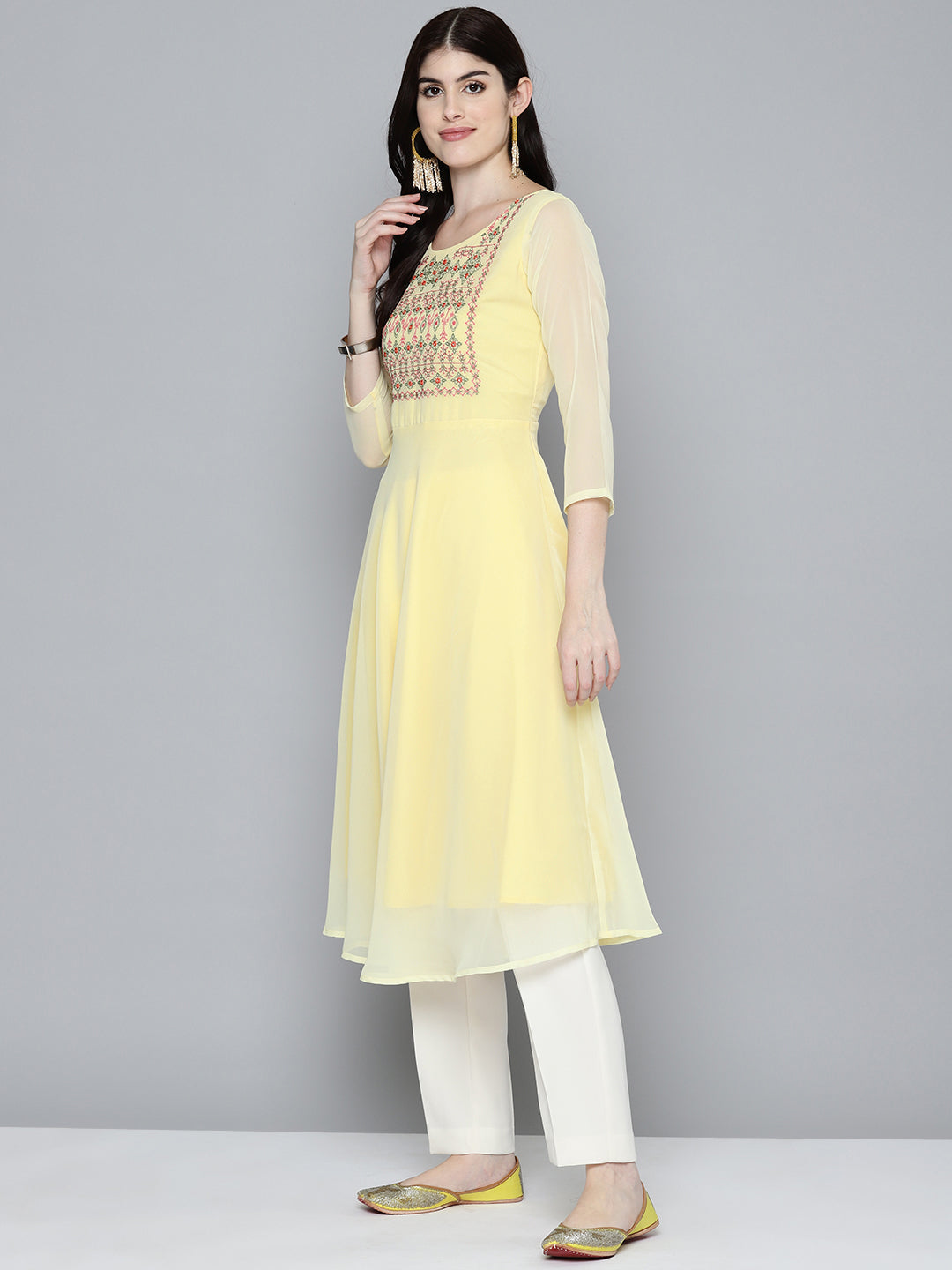 Jompers Women's Embroidered yok flared georgette kurta - Yellow | Grocsy
