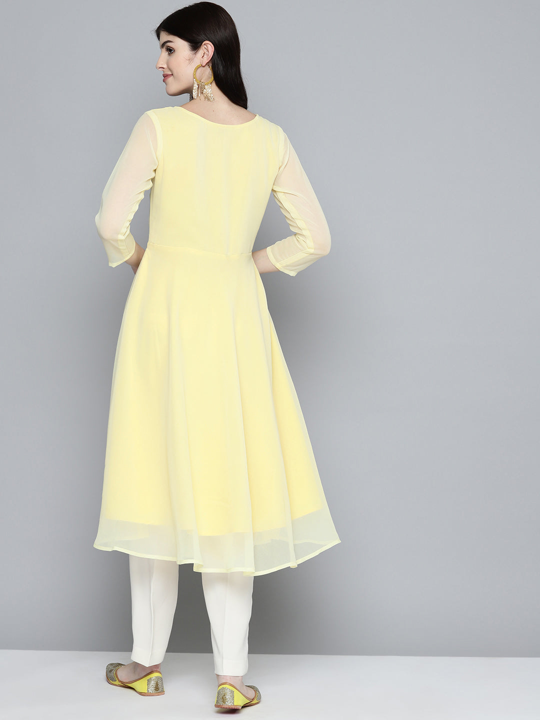 Jompers Women's Embroidered yok flared georgette kurta - Yellow | Grocsy