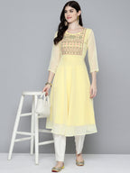 Jompers Women's Embroidered yok flared georgette kurta - Yellow | Grocsy