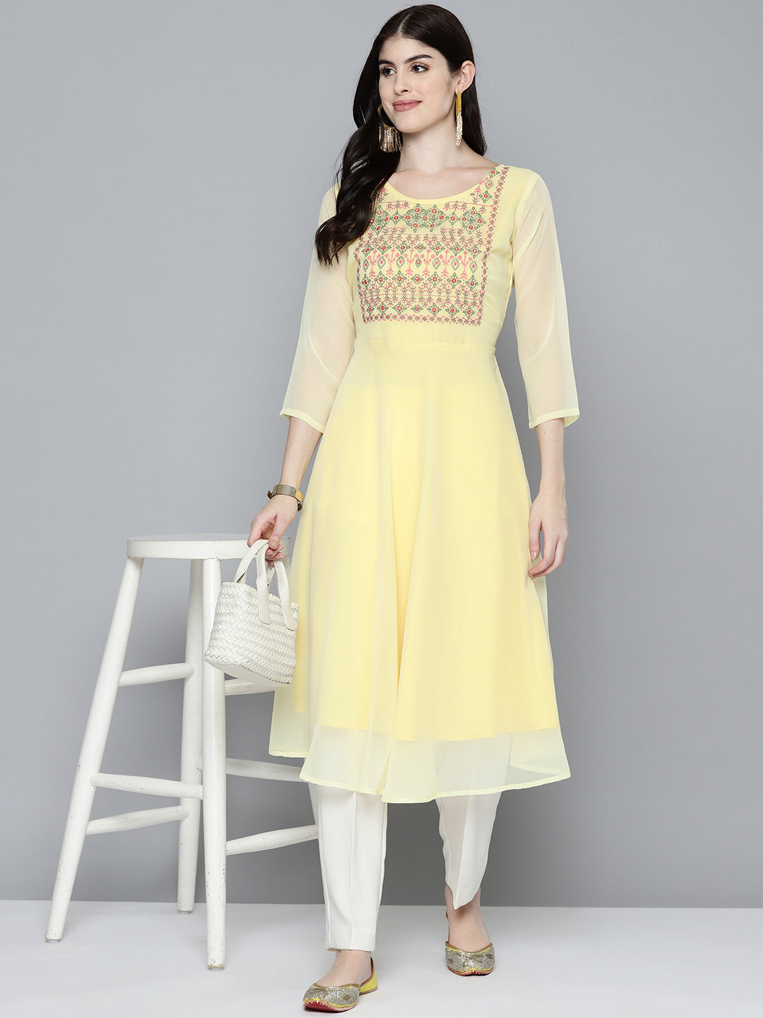 Jompers Women's Embroidered yok flared georgette kurta - Yellow | Grocsy