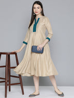 Jompers Women's Sequin work, flared ethnic dress - Beige | Grocsy