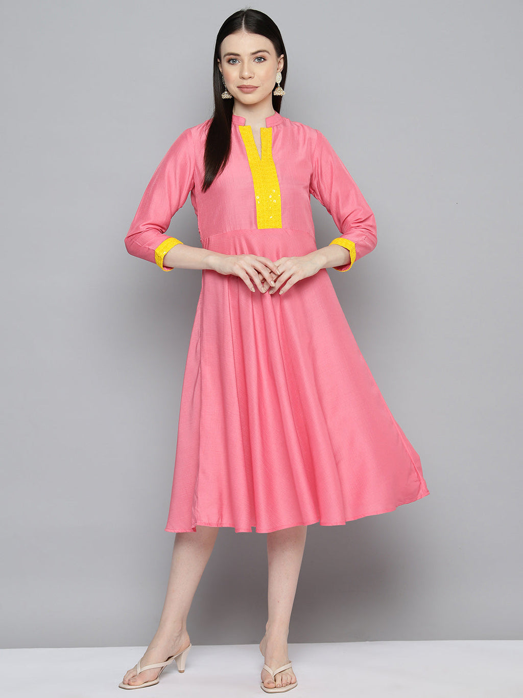 Jompers Women's Sequin work, flared ethnic dress - PInk | Grocsy