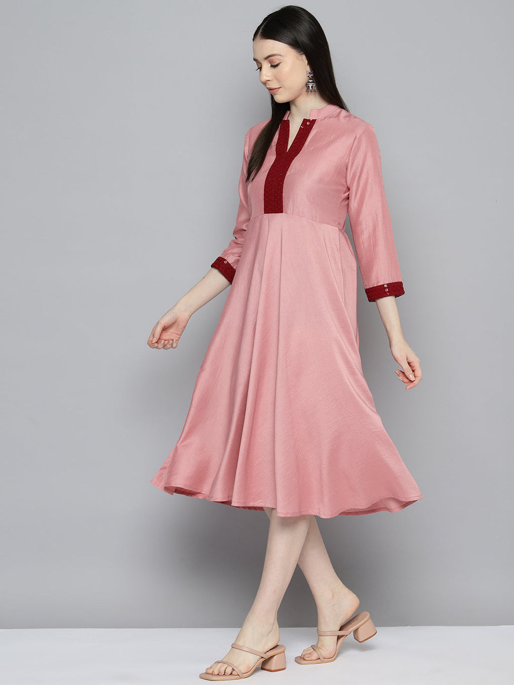 Jompers Women's Sequin work, flared ethnic dress - Peach | Grocsy