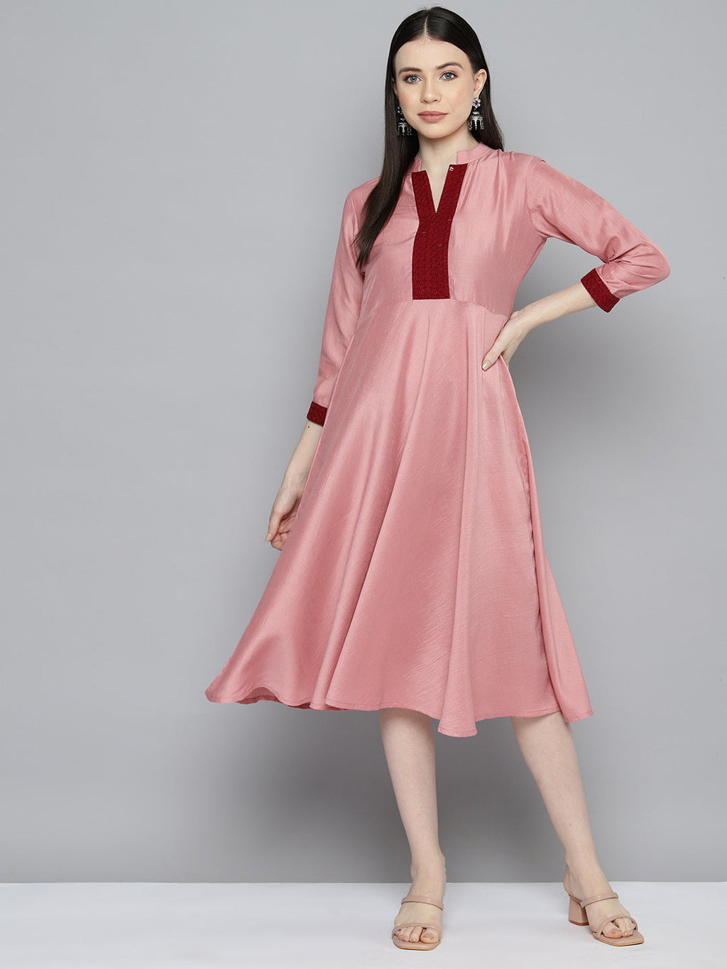 Jompers Women's Sequin work, flared ethnic dress - Peach | Grocsy