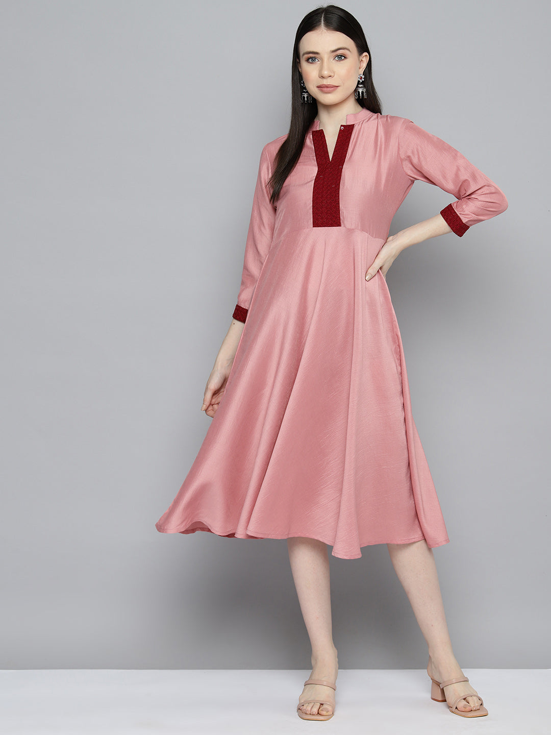 Jompers Women's Sequin work, flared ethnic dress - Peach | Grocsy