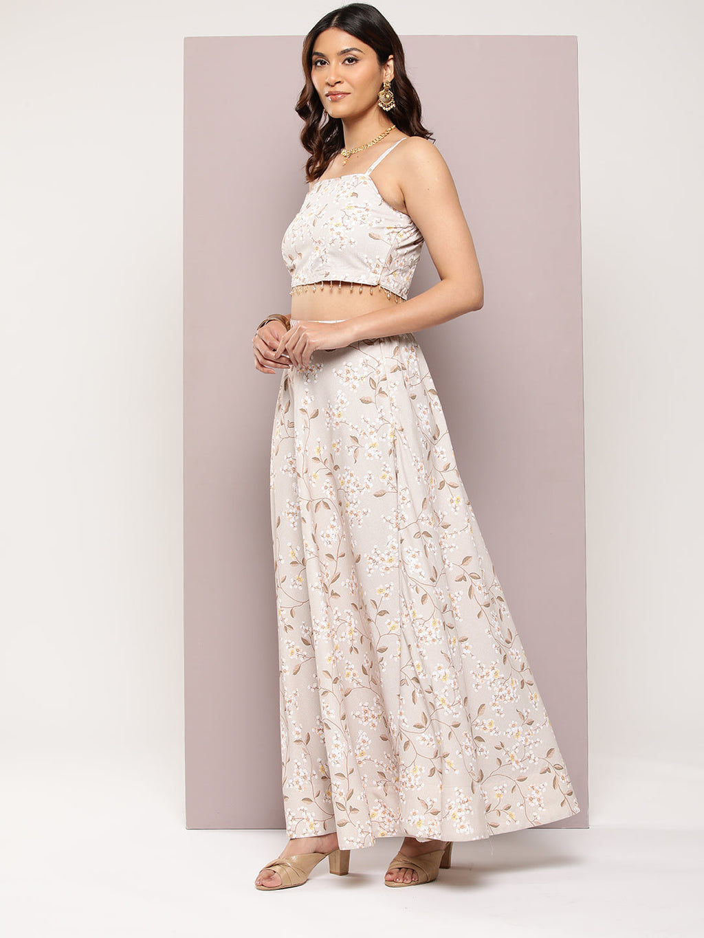 Jompers Women's Crystal Beads Work Printed Lehenga choli with dupatta - Beige | Grocsy
