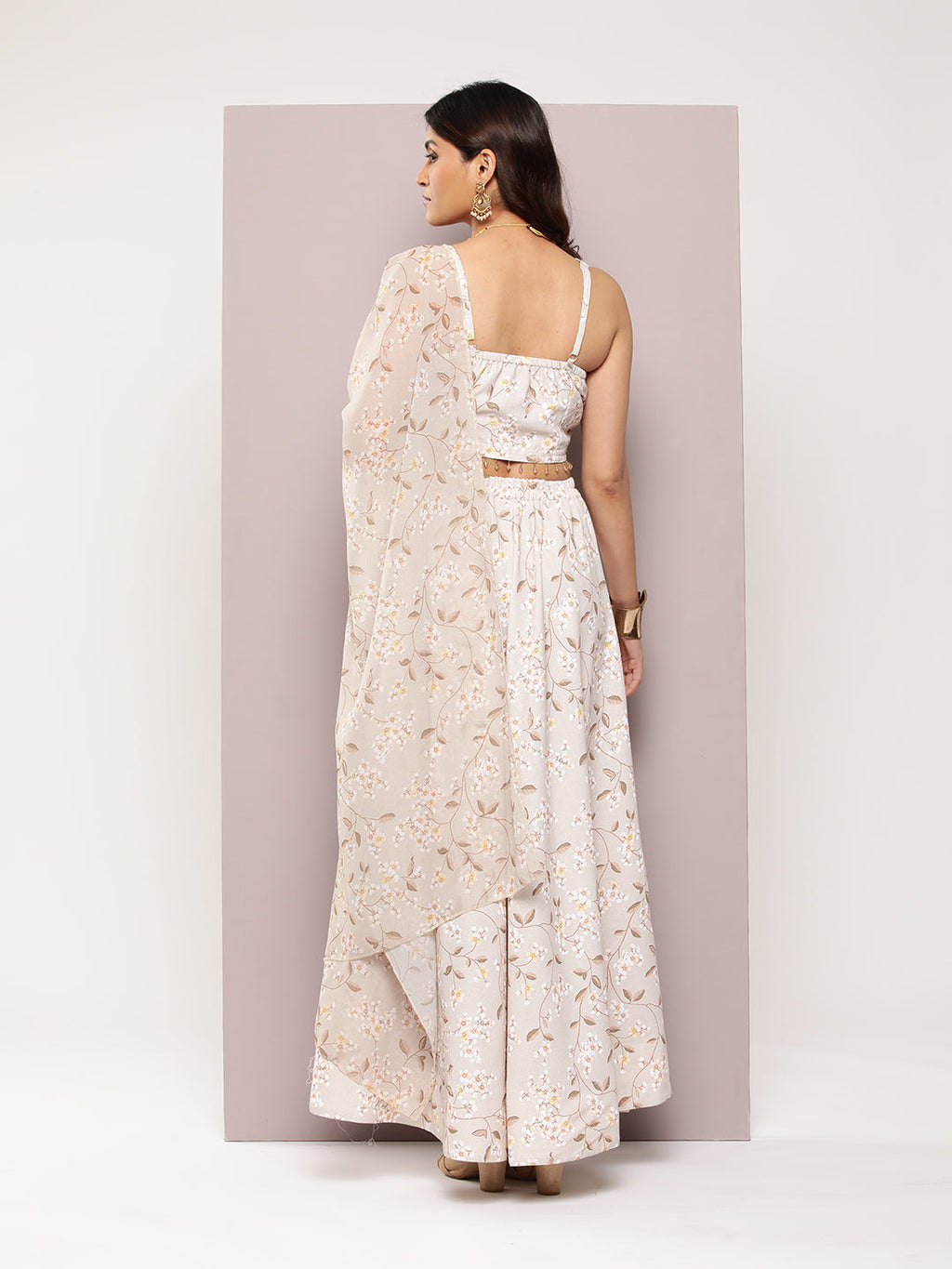 Jompers Women's Crystal Beads Work Printed Lehenga choli with dupatta - Beige | Grocsy