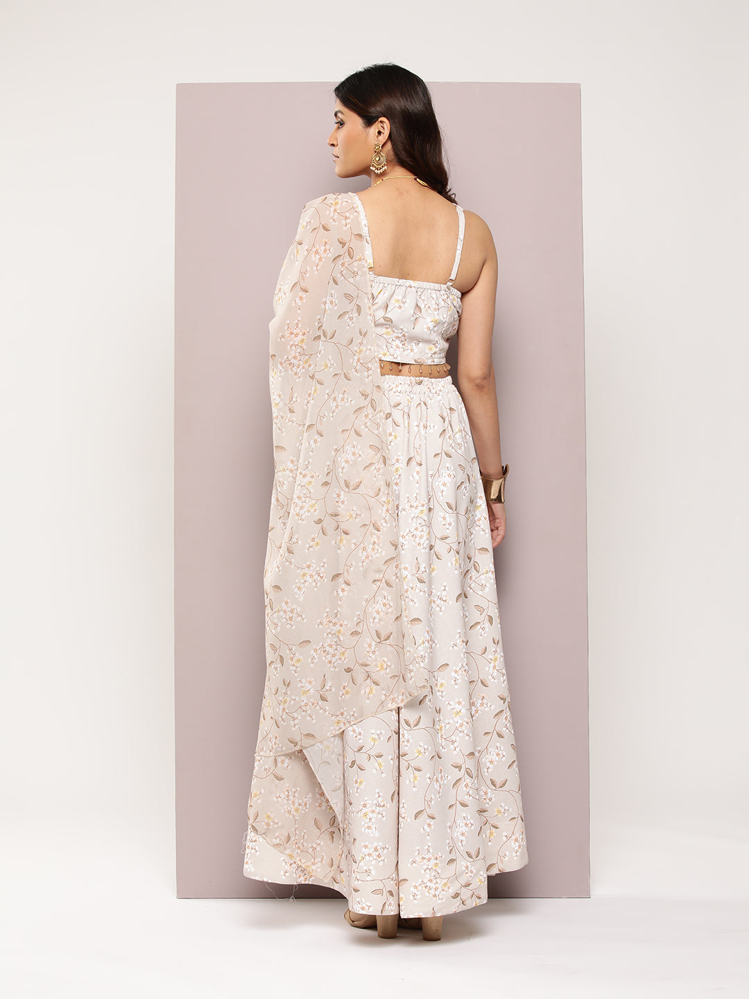 Jompers Women's Crystal Beads Work Printed Lehenga choli with dupatta - Beige | Grocsy