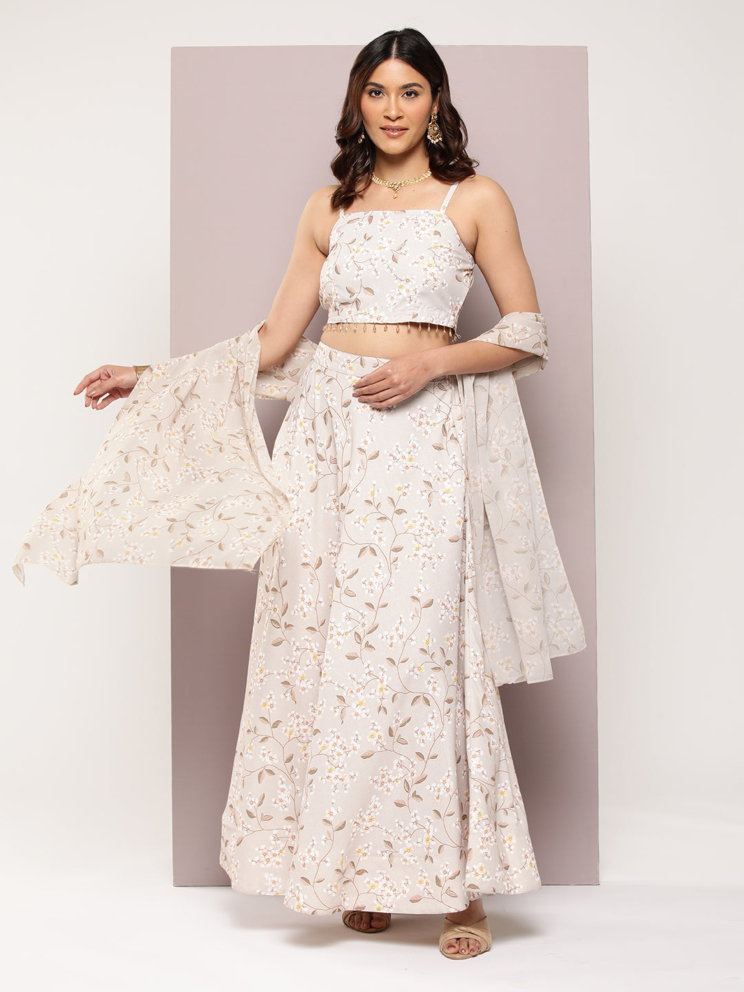 Jompers Women's Crystal Beads Work Printed Lehenga choli with dupatta - Beige | Grocsy