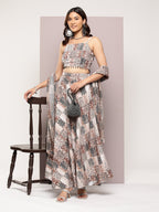 Jompers Women's Crystal Beads Work Printed Lehenga choli with dupatta - Brown | Grocsy