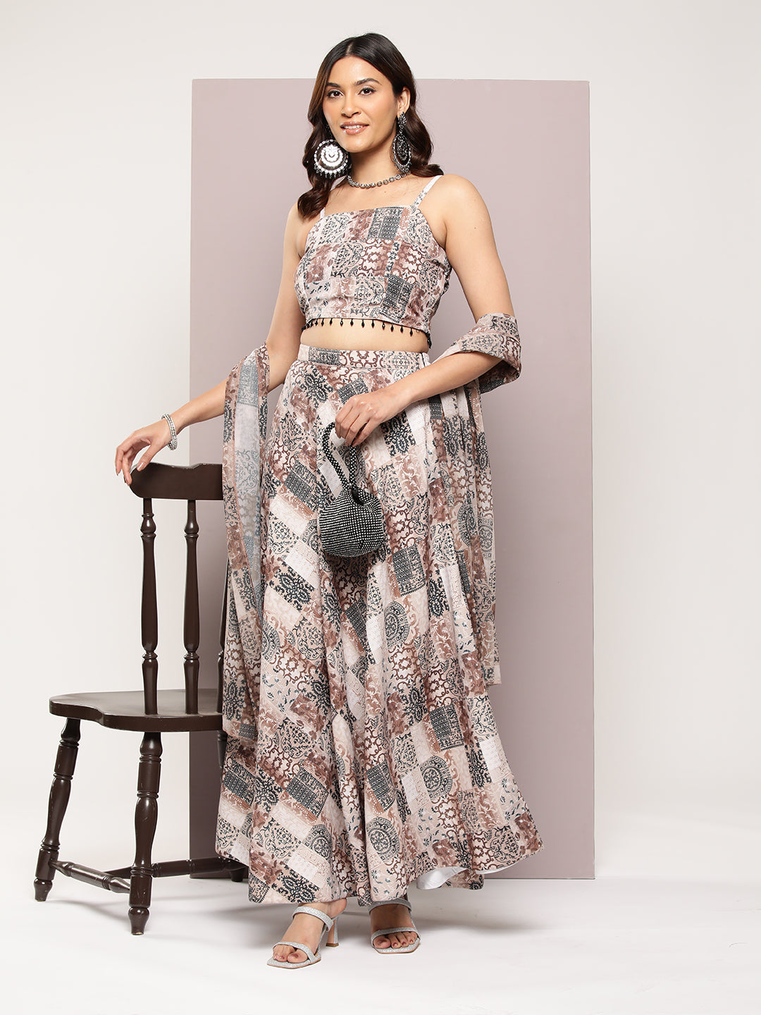 Jompers Women's Crystal Beads Work Printed Lehenga choli with dupatta - Brown | Grocsy