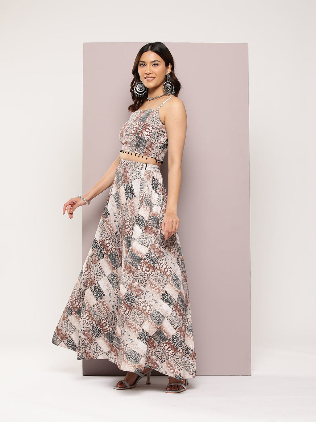 Jompers Women's Crystal Beads Work Printed Lehenga choli with dupatta - Brown | Grocsy