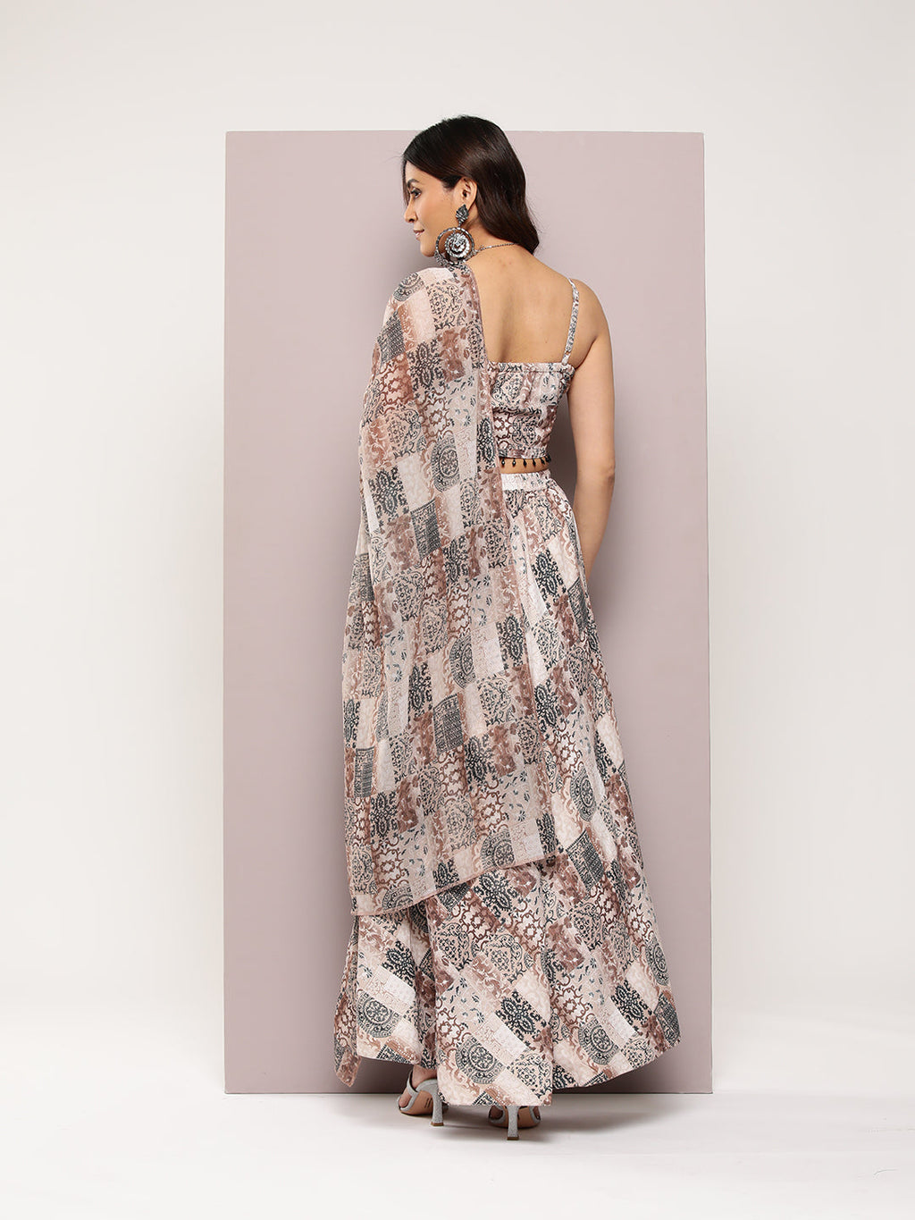 Jompers Women's Crystal Beads Work Printed Lehenga choli with dupatta - Brown | Grocsy