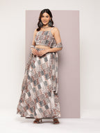 Jompers Women's Crystal Beads Work Printed Lehenga choli with dupatta - Brown | Grocsy