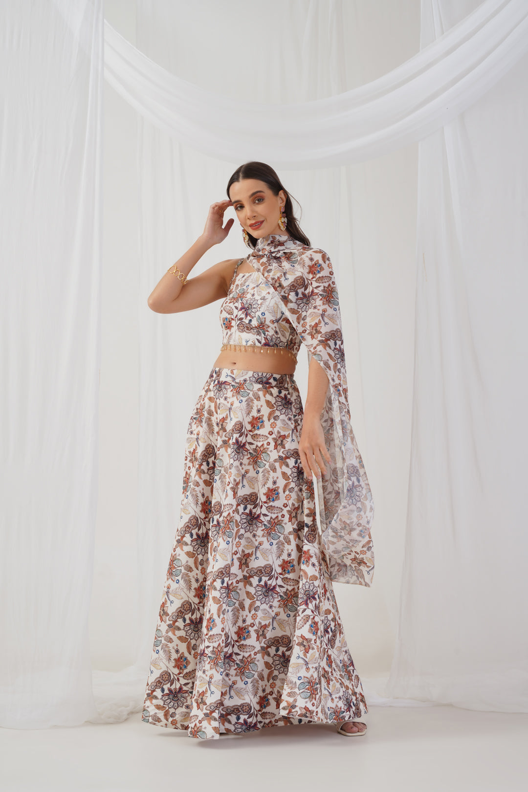 Jompers Women's Printed Beads & Stones Ready to Wear Lehenga & Blouse With Dupatta - Ivory | Grocsy