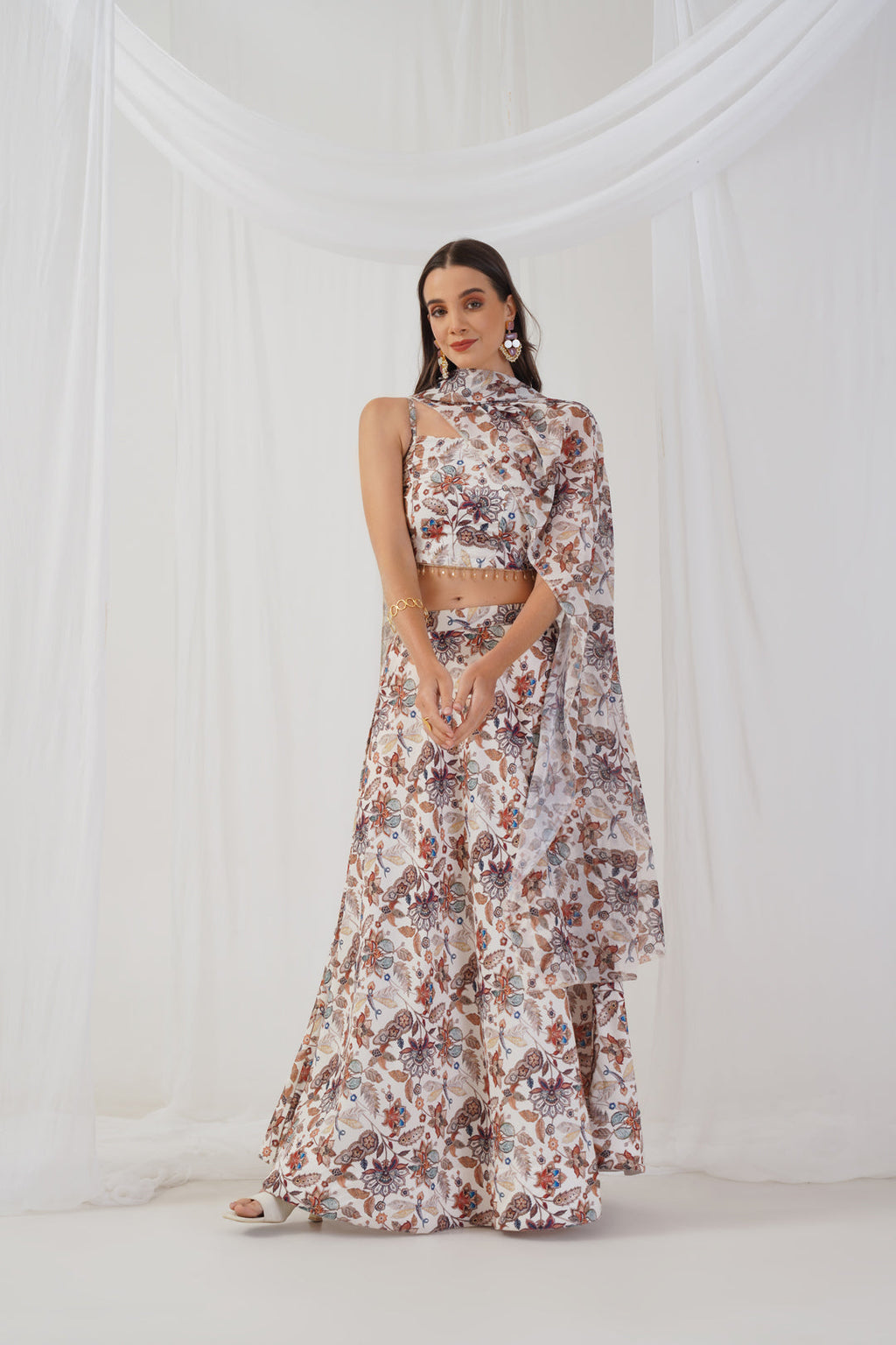 Jompers Women's Printed Beads & Stones Ready to Wear Lehenga & Blouse With Dupatta - Ivory | Grocsy