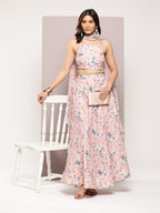 Jompers Women's Crystal Beads Work Printed Lehenga choli with dupatta - Peach | Grocsy