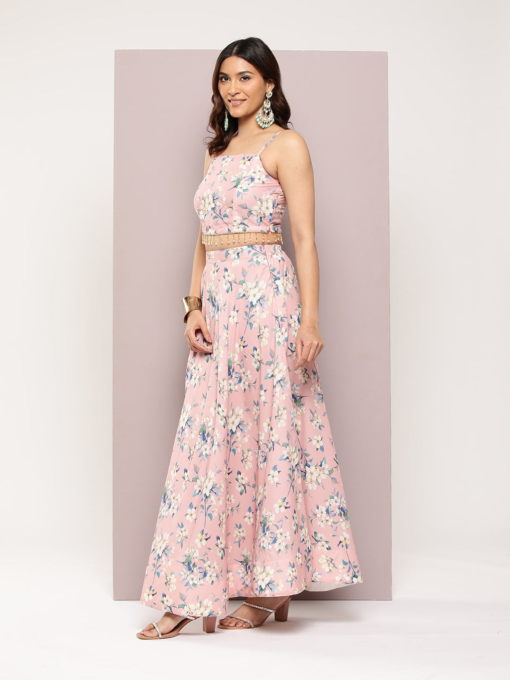Jompers Women's Crystal Beads Work Printed Lehenga choli with dupatta - Peach | Grocsy