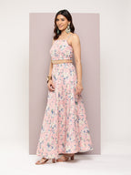 Jompers Women's Crystal Beads Work Printed Lehenga choli with dupatta - Peach | Grocsy